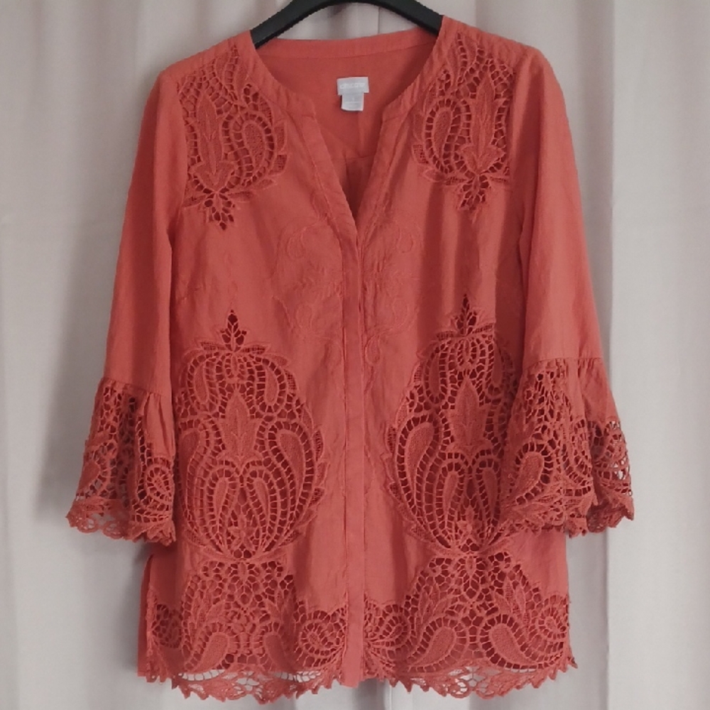 Chico's Canyon Red Lace Embroidered Crochet Bell Sleeve Tunic Button Front Sz M